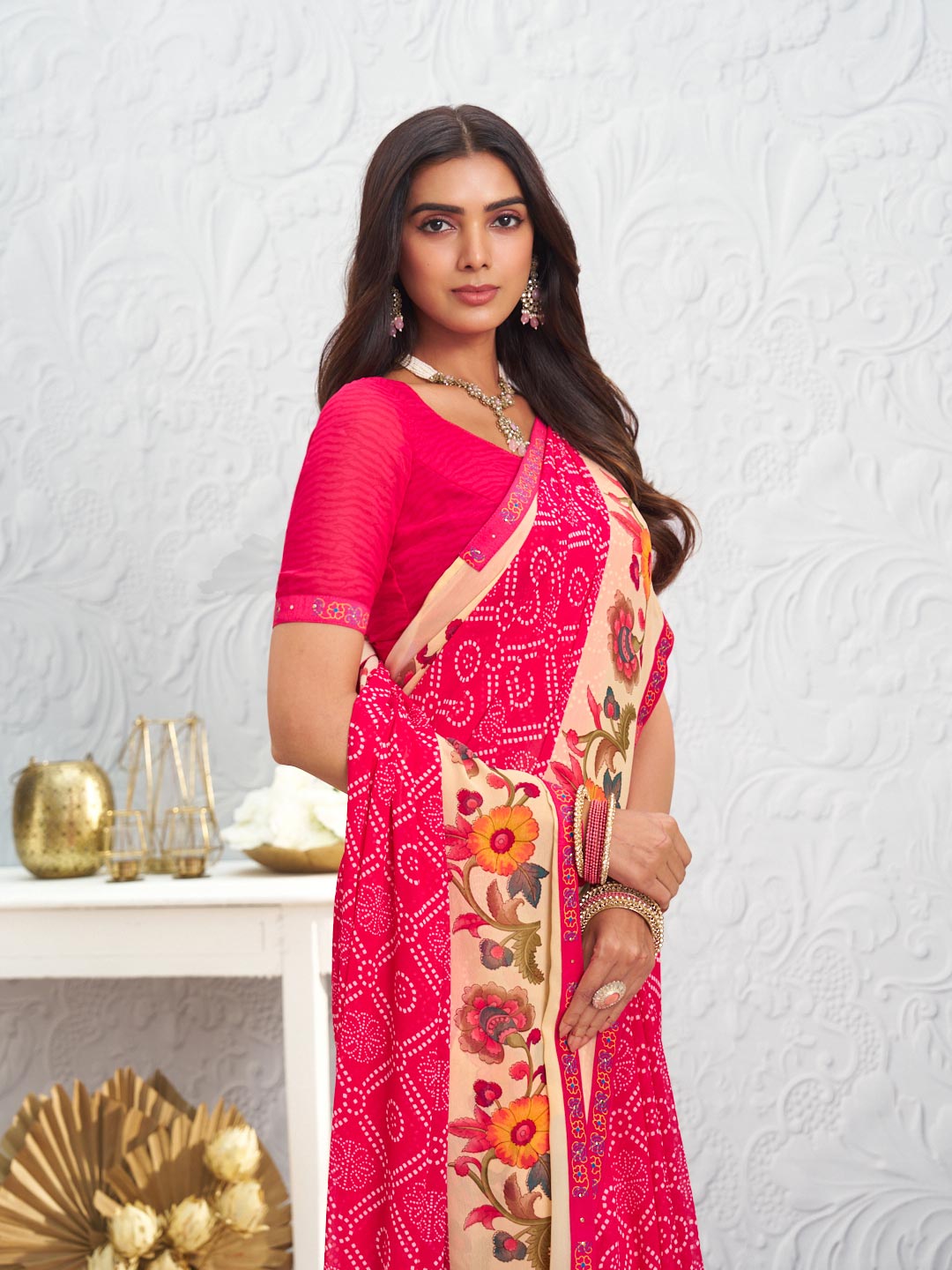 Pink floral printed georgette saree wedding wear
