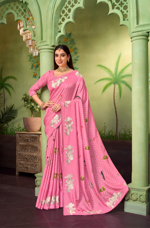 Pink embroidered silk blend saree festive wear