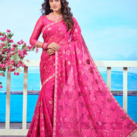 Pink floral embroidered chiffon saree festive wear | Pink gold floral embroidered chiffon saree party wear | Pink floral motif chiffon saree elegant wear | Pink sequin embroidered chiffon saree occasion wear | Pink embroidered border chiffon saree work wear