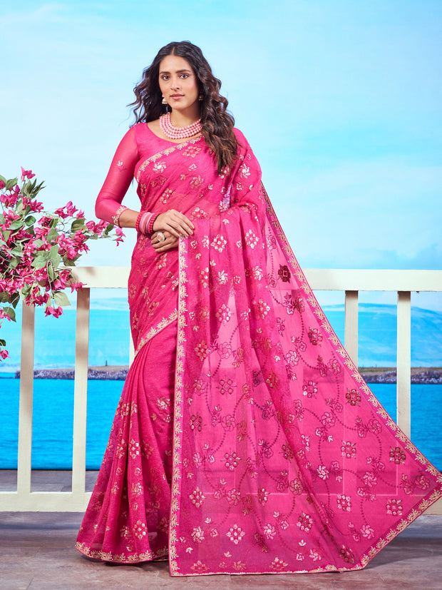 Pink floral embroidered chiffon saree festive wear | Pink gold floral embroidered chiffon saree party wear | Pink floral motif chiffon saree elegant wear | Pink sequin embroidered chiffon saree occasion wear | Pink embroidered border chiffon saree work wear