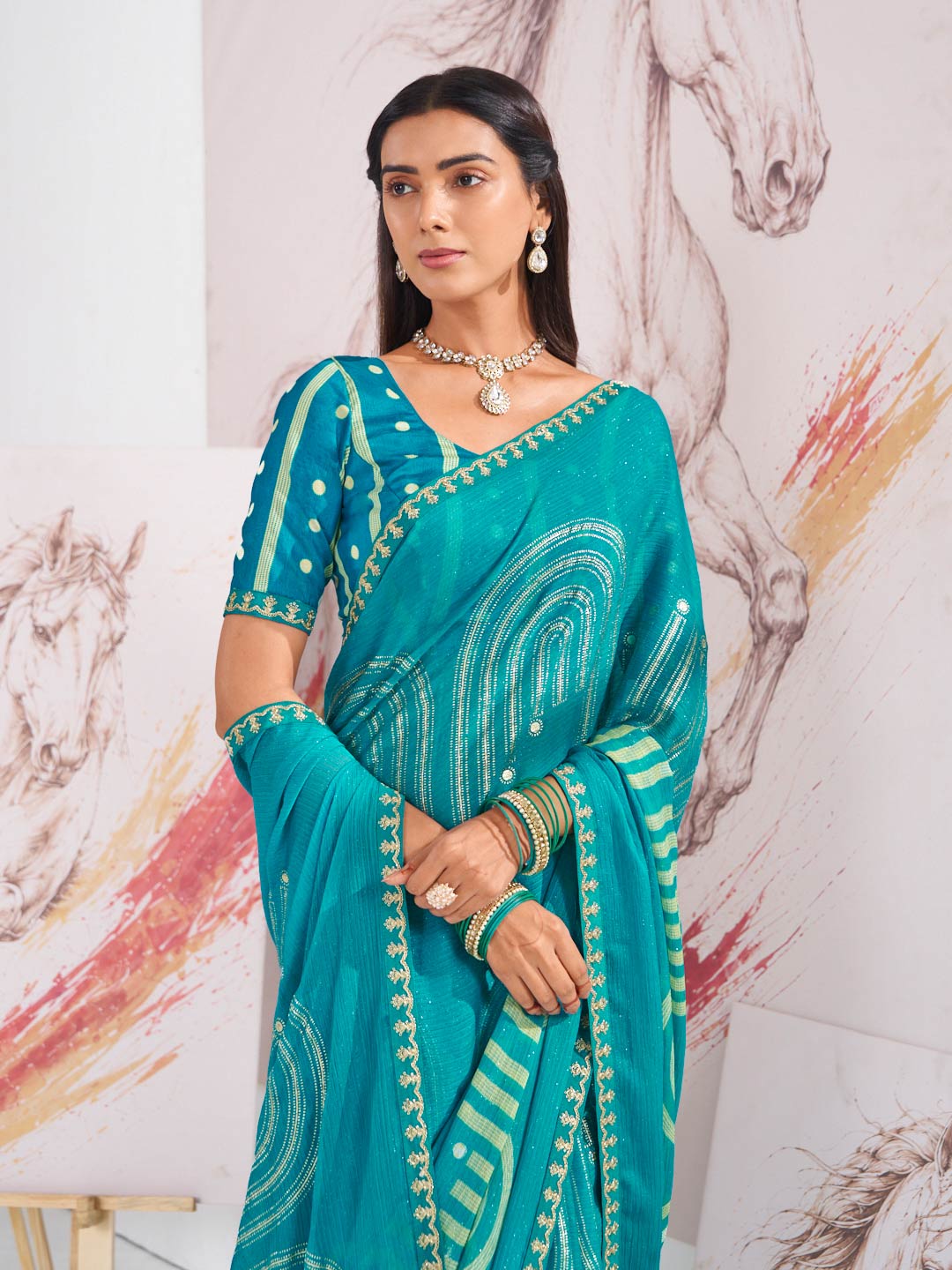 Laxmipati Murli Blue Chiffon Geometric Saree