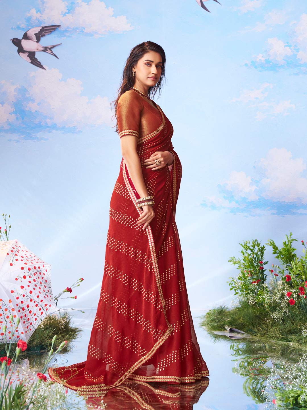 Red zari embroidered banarasi silk saree bridal wear 
