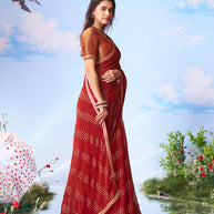 Red zari embroidered banarasi silk saree bridal wear 