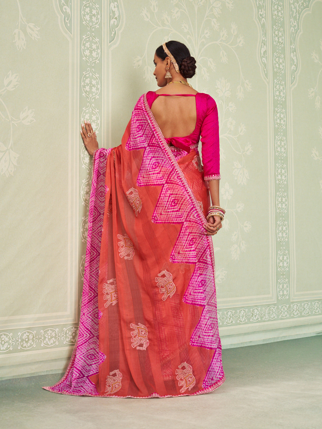 Pink embroidered chiffon saree festive wear