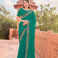 Green chiffon wavy print saree with embroidery