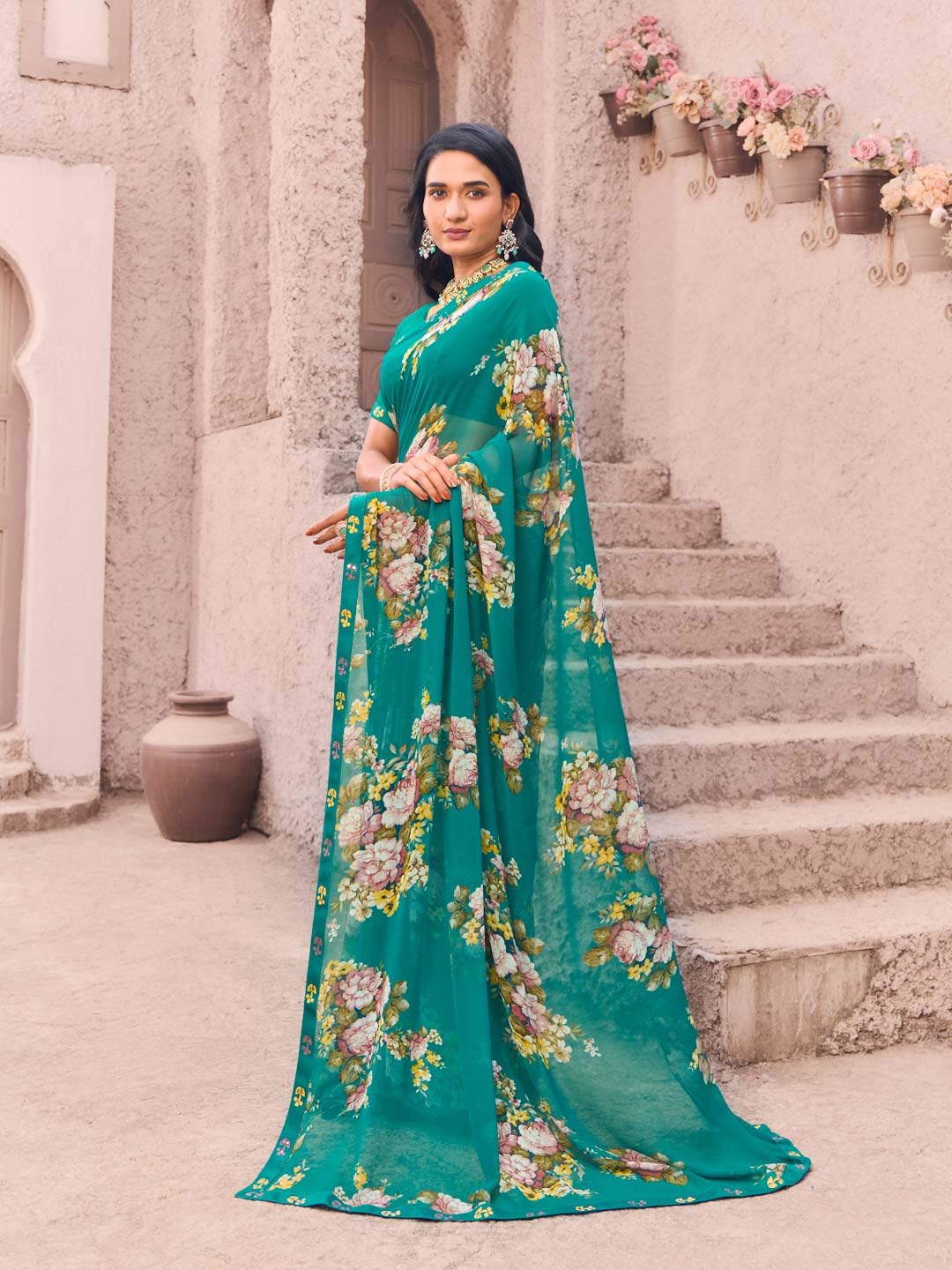 teal saree for festive wear