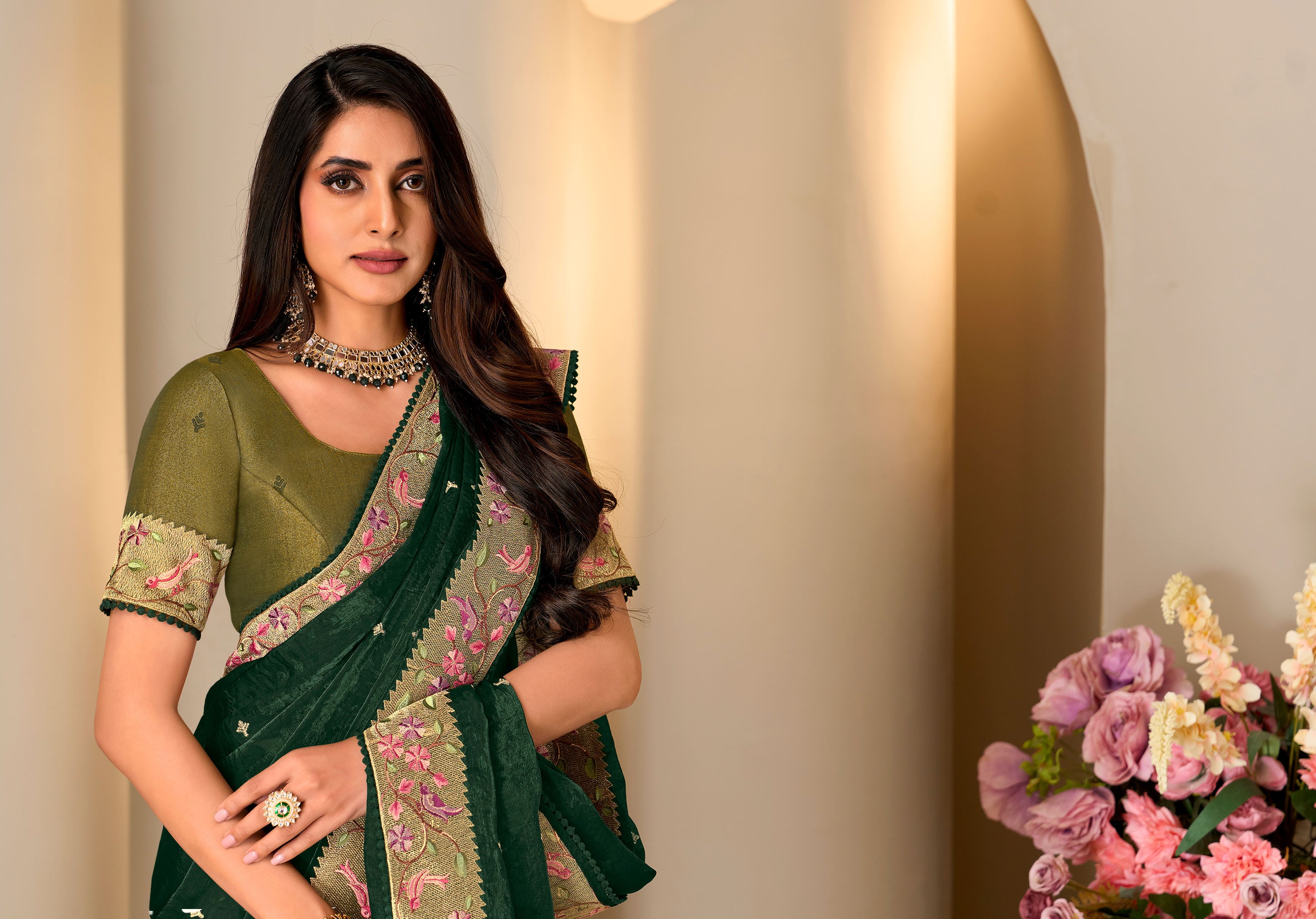 Green floral embroidered tissue organza saree wedding wear