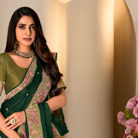Green floral embroidered tissue organza saree wedding wear