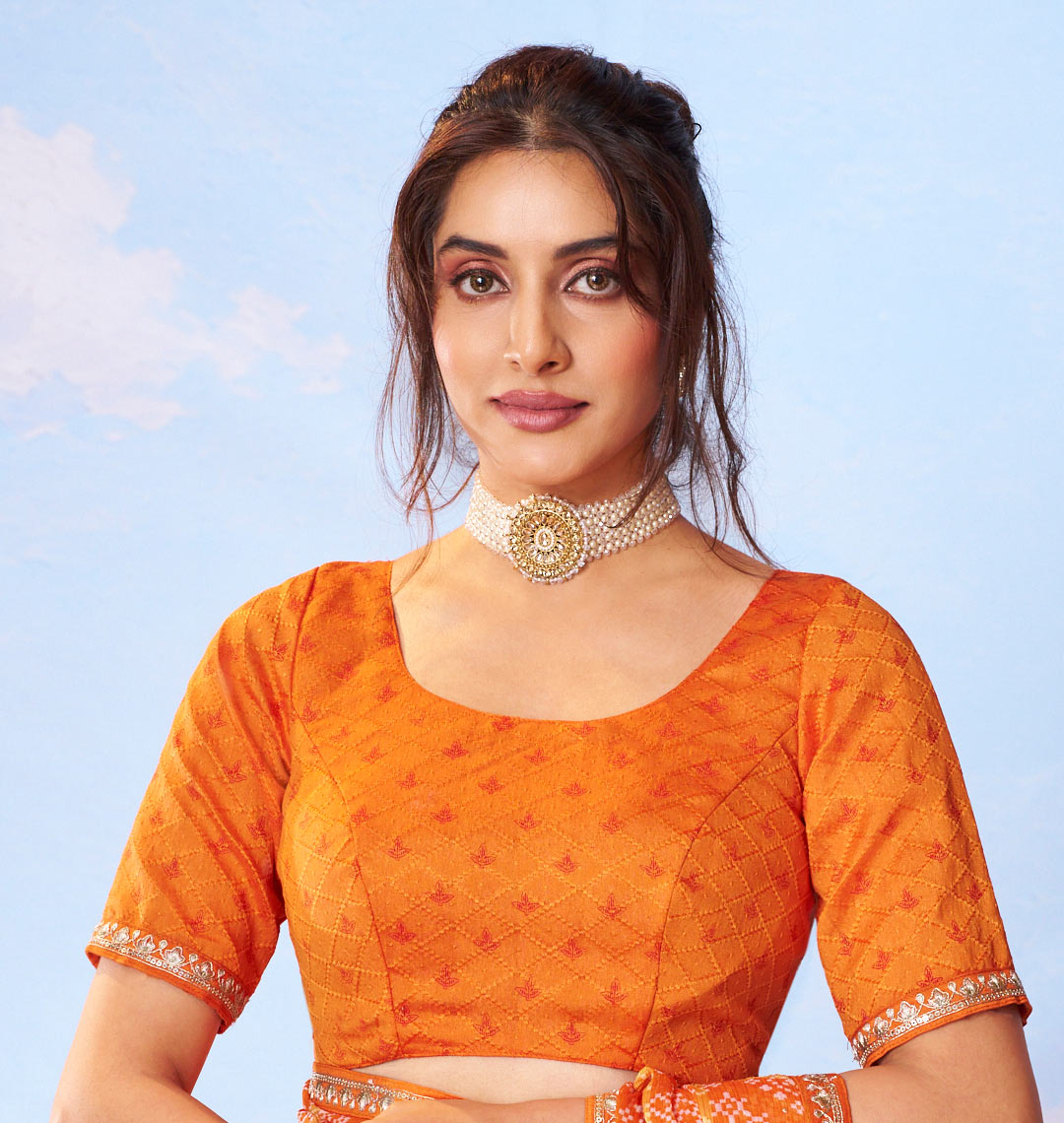 Orange printed silk saree party wear