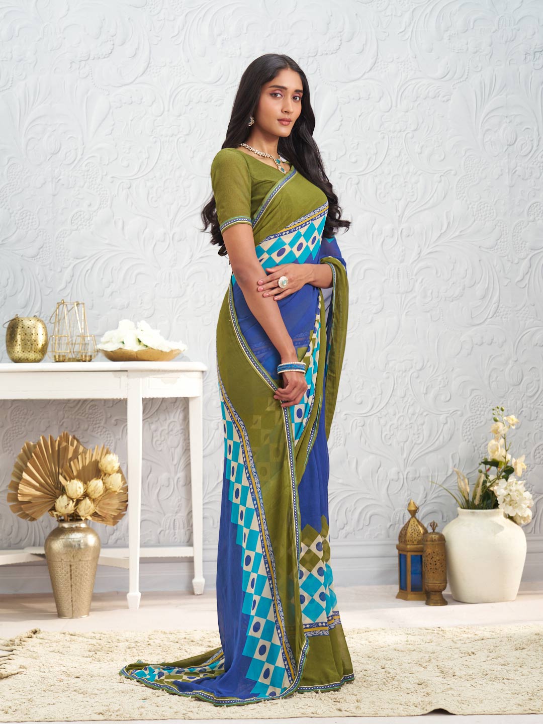 Blue geometric printed georgette saree casual wear
