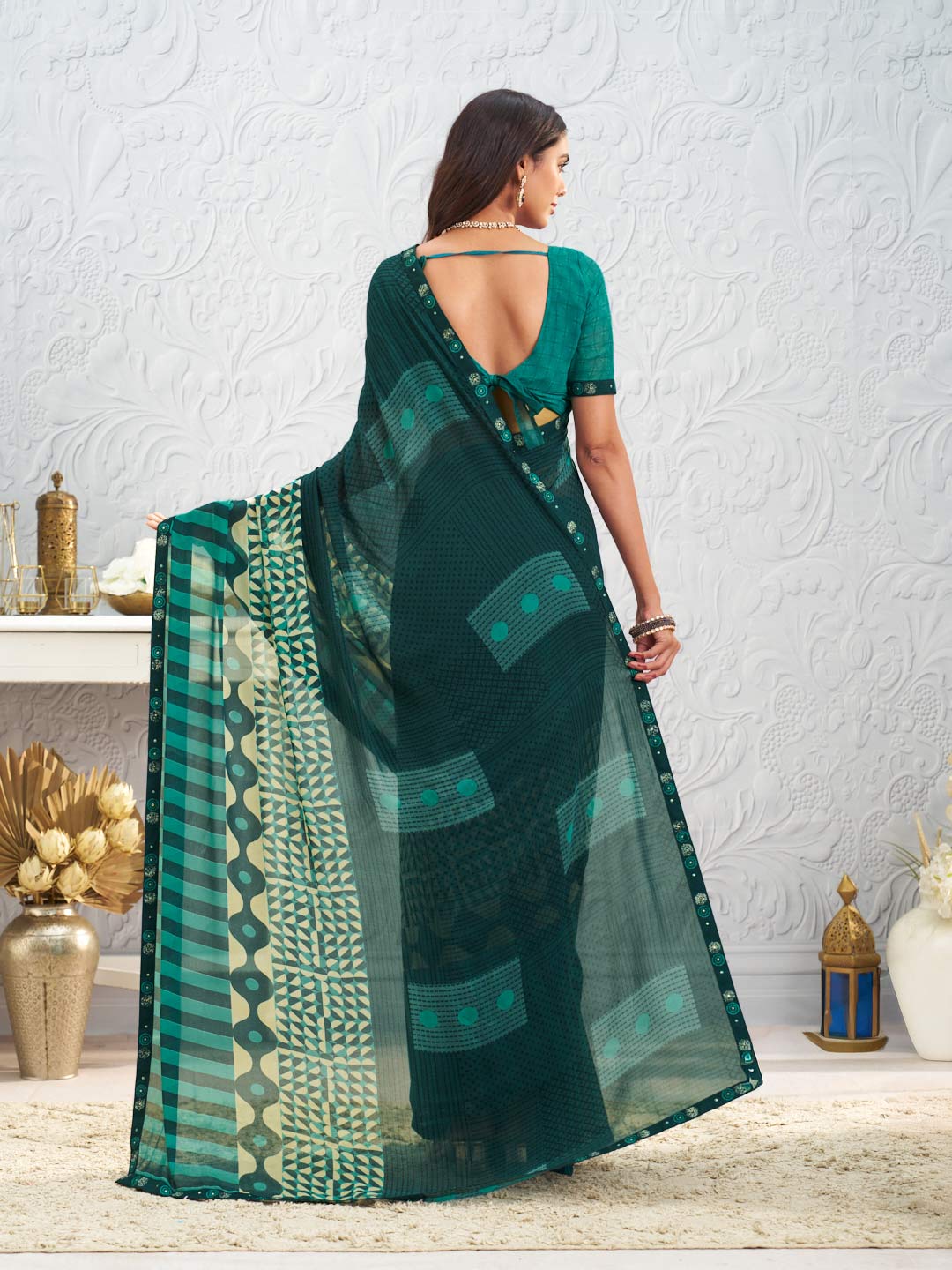 Green geometric printed georgette saree party wear
