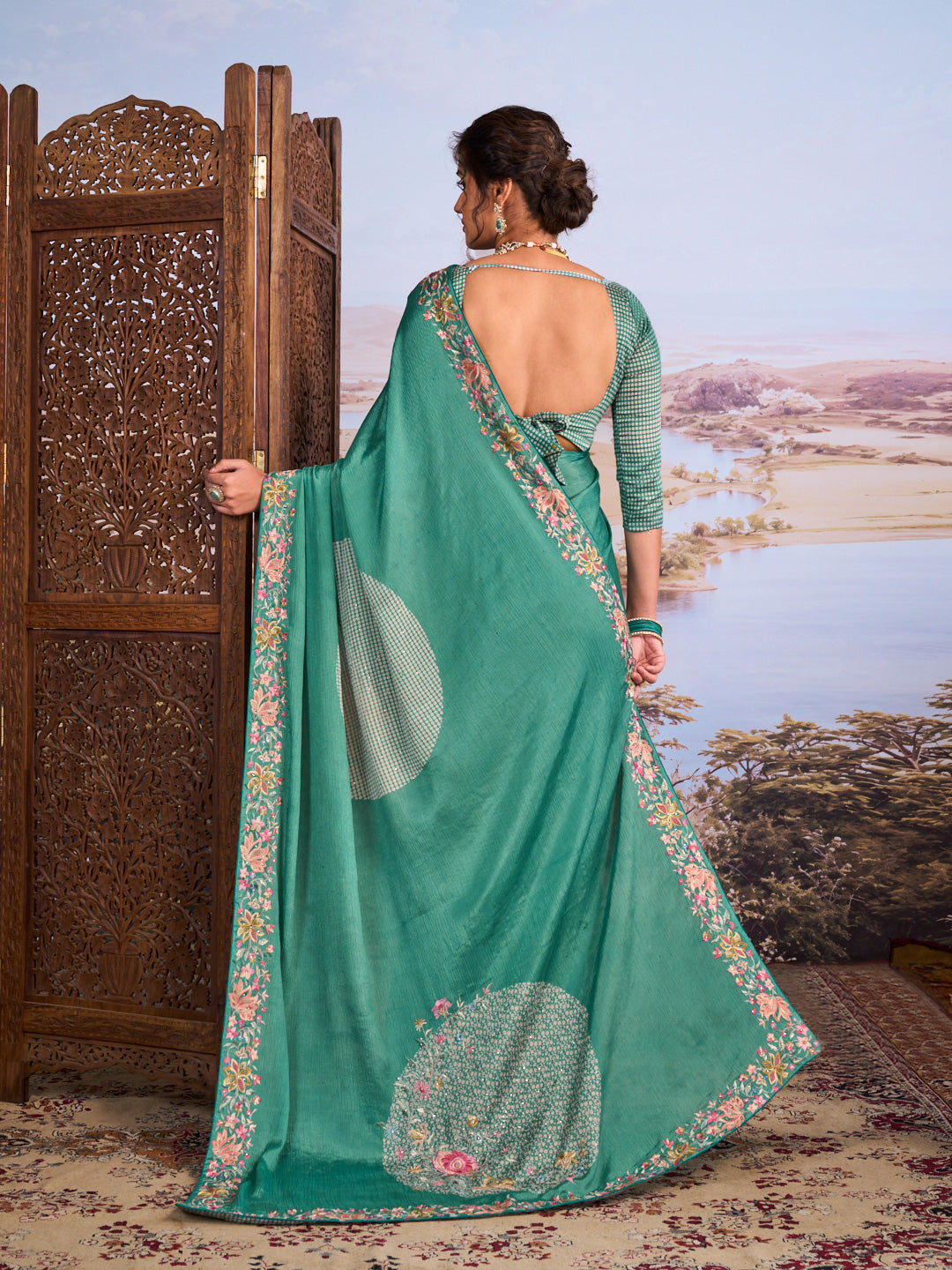 Blue floral embroidered silk blend saree daily wear