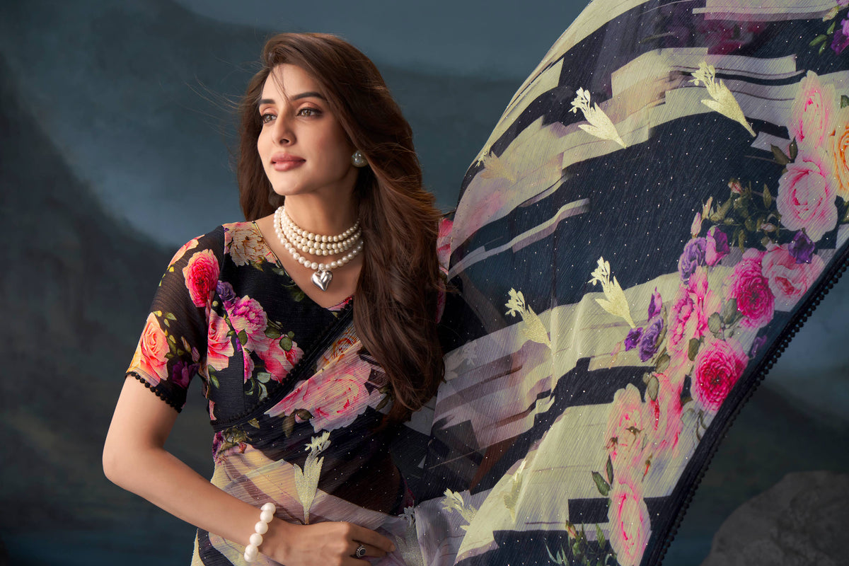 Black floral printed chiffon saree daily wear