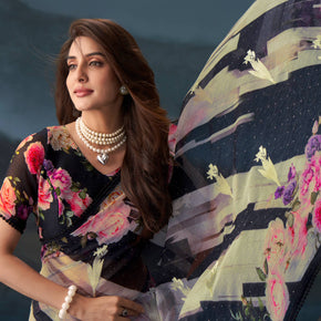 Black floral printed chiffon saree daily wear