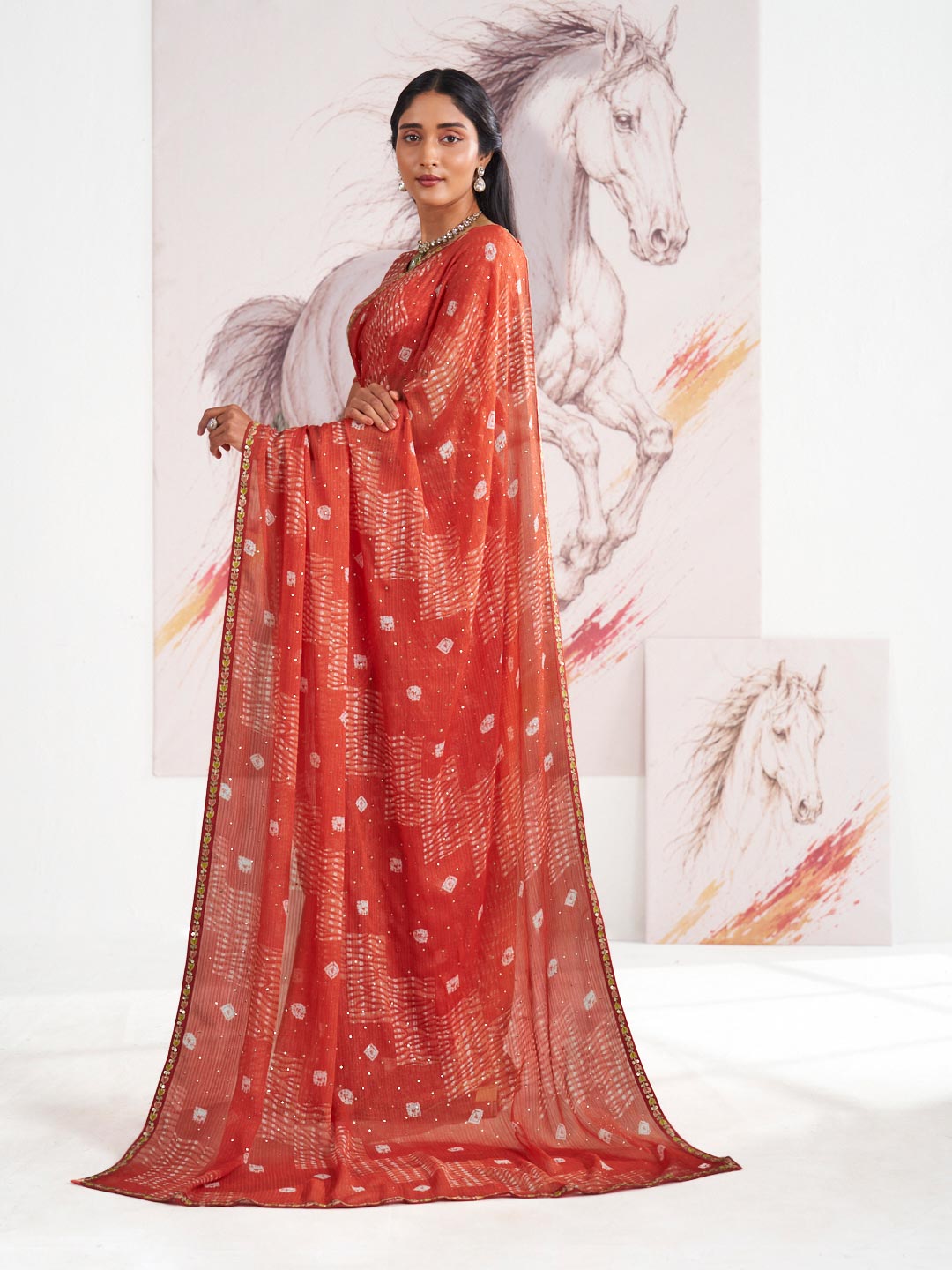 Laxmipati Murli Orange Chiffon Geometric Saree