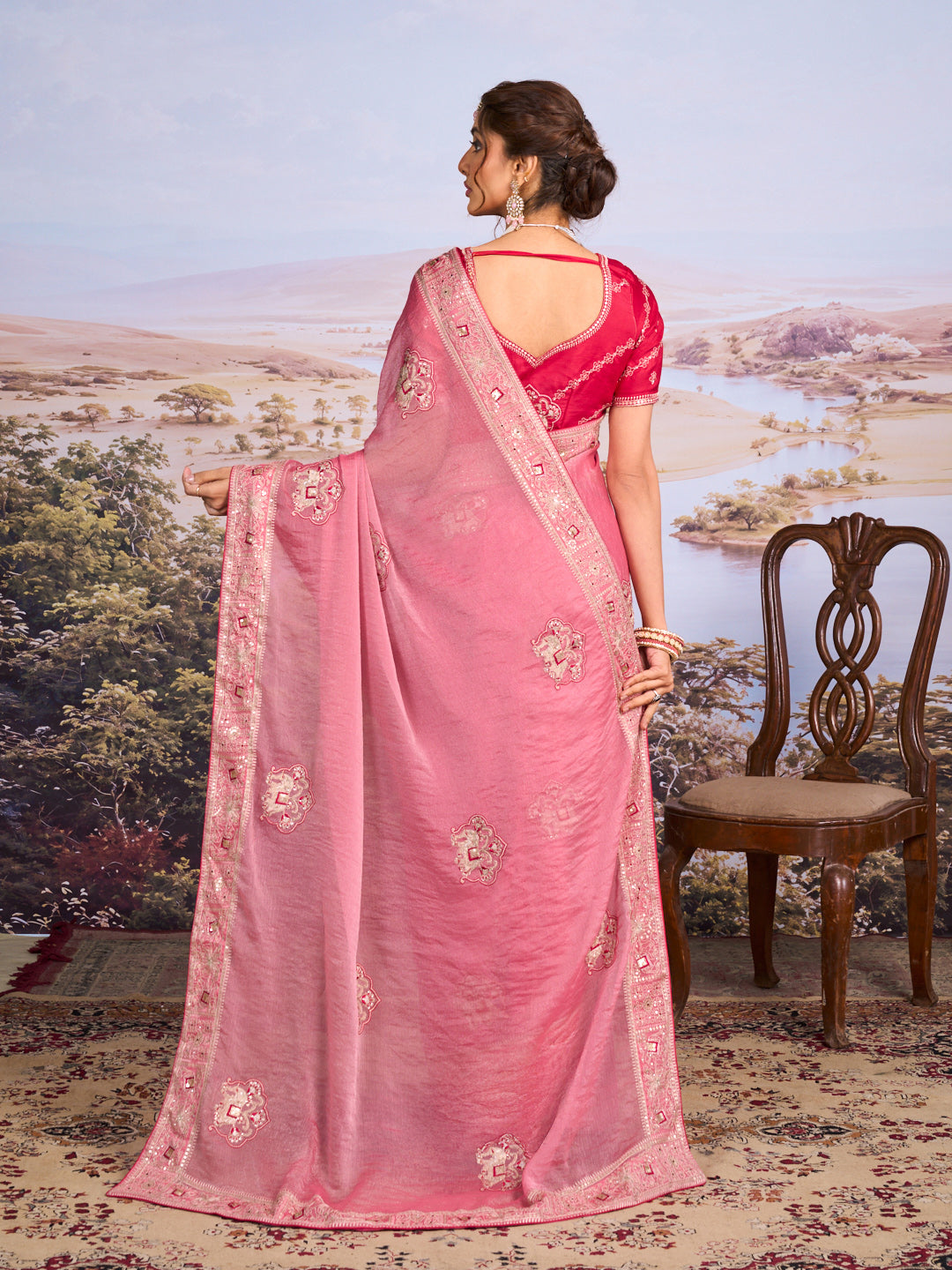 Pink embroidered chiffon saree party wear