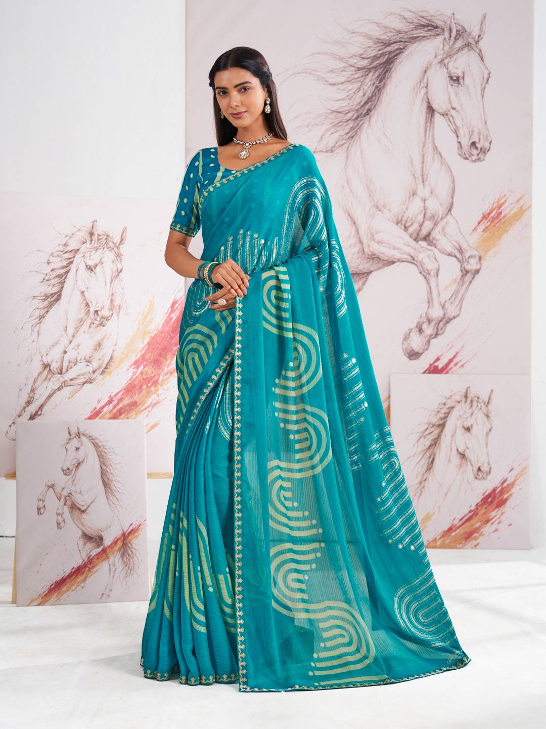 Laxmipati Murli Blue Chiffon Geometric Saree