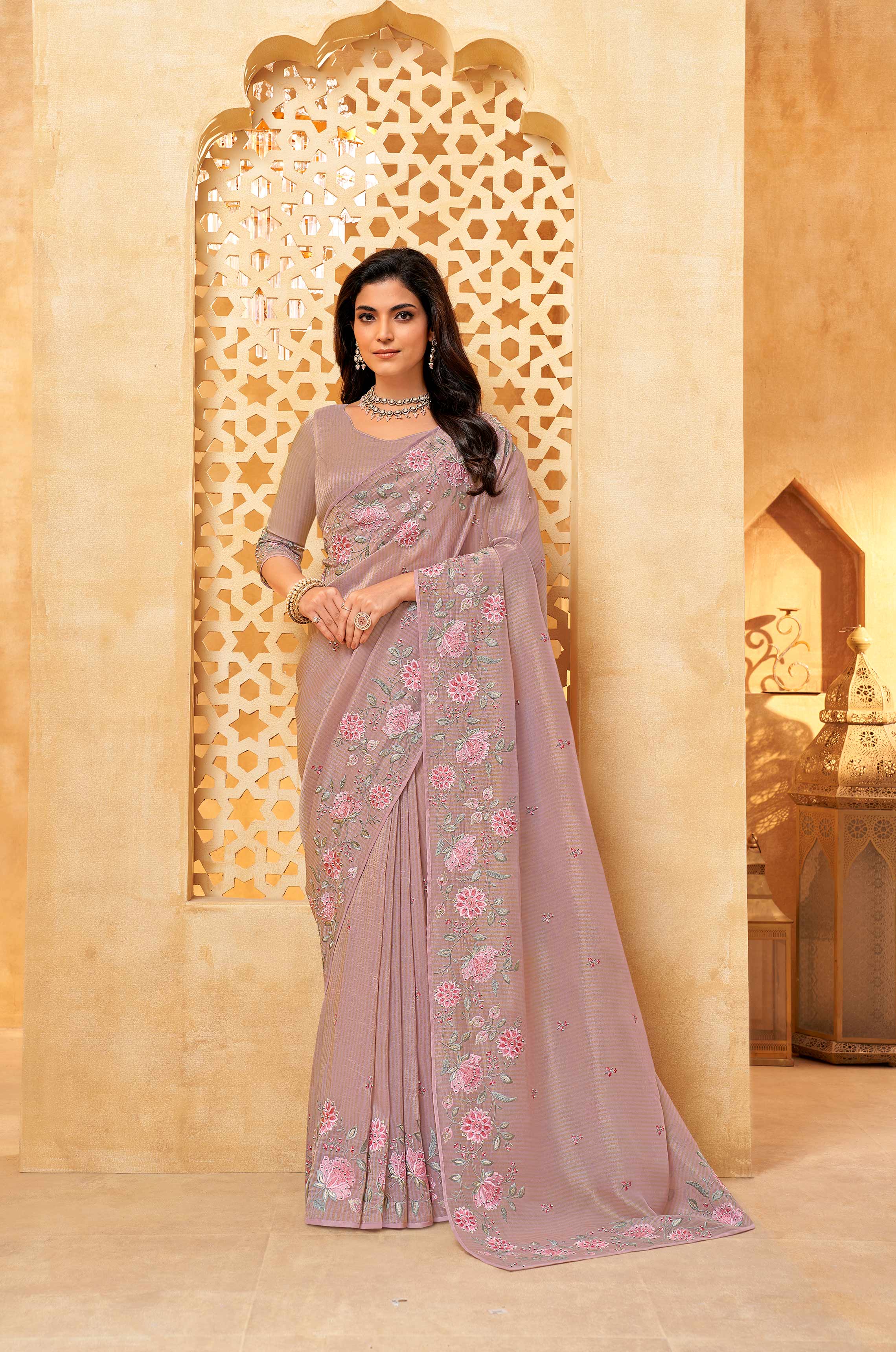 Pink floral embroidered Tiisue Organza saree festive wear