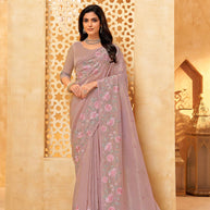 Pink floral embroidered Tiisue Organza saree festive wear