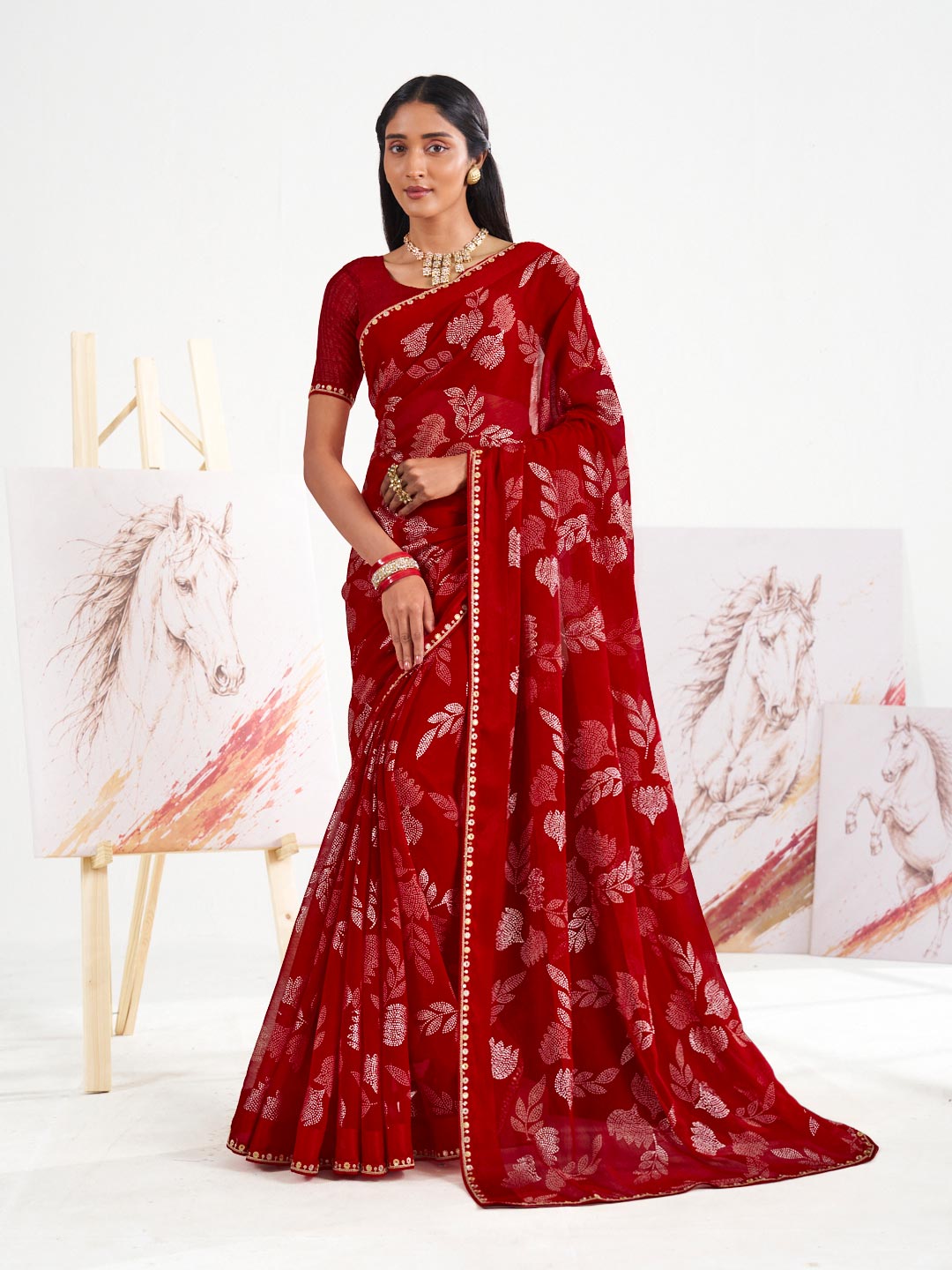 Laxmipati Murli Red Chiffon Floral Saree