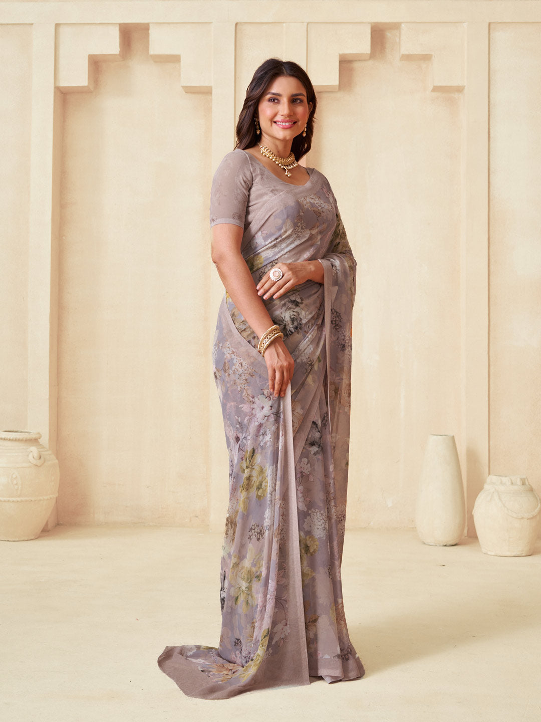 Brown floral saree lightweight georgette