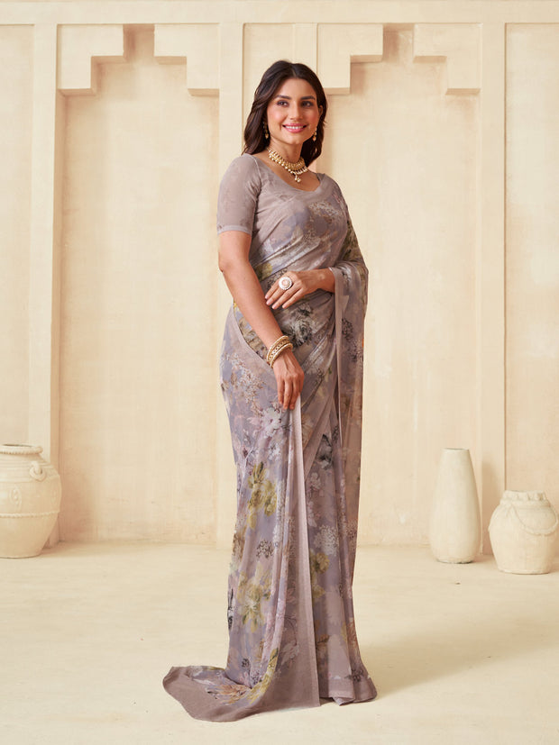 Brown floral saree lightweight georgette