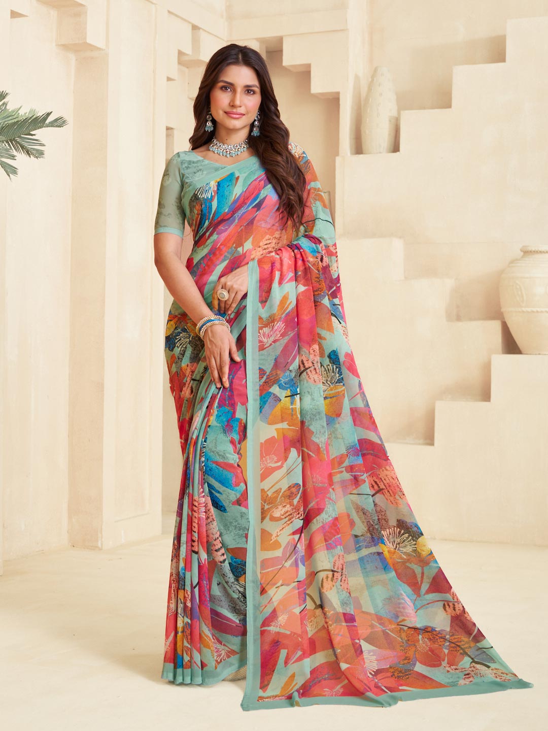 Teal floral saree lightweight wear
