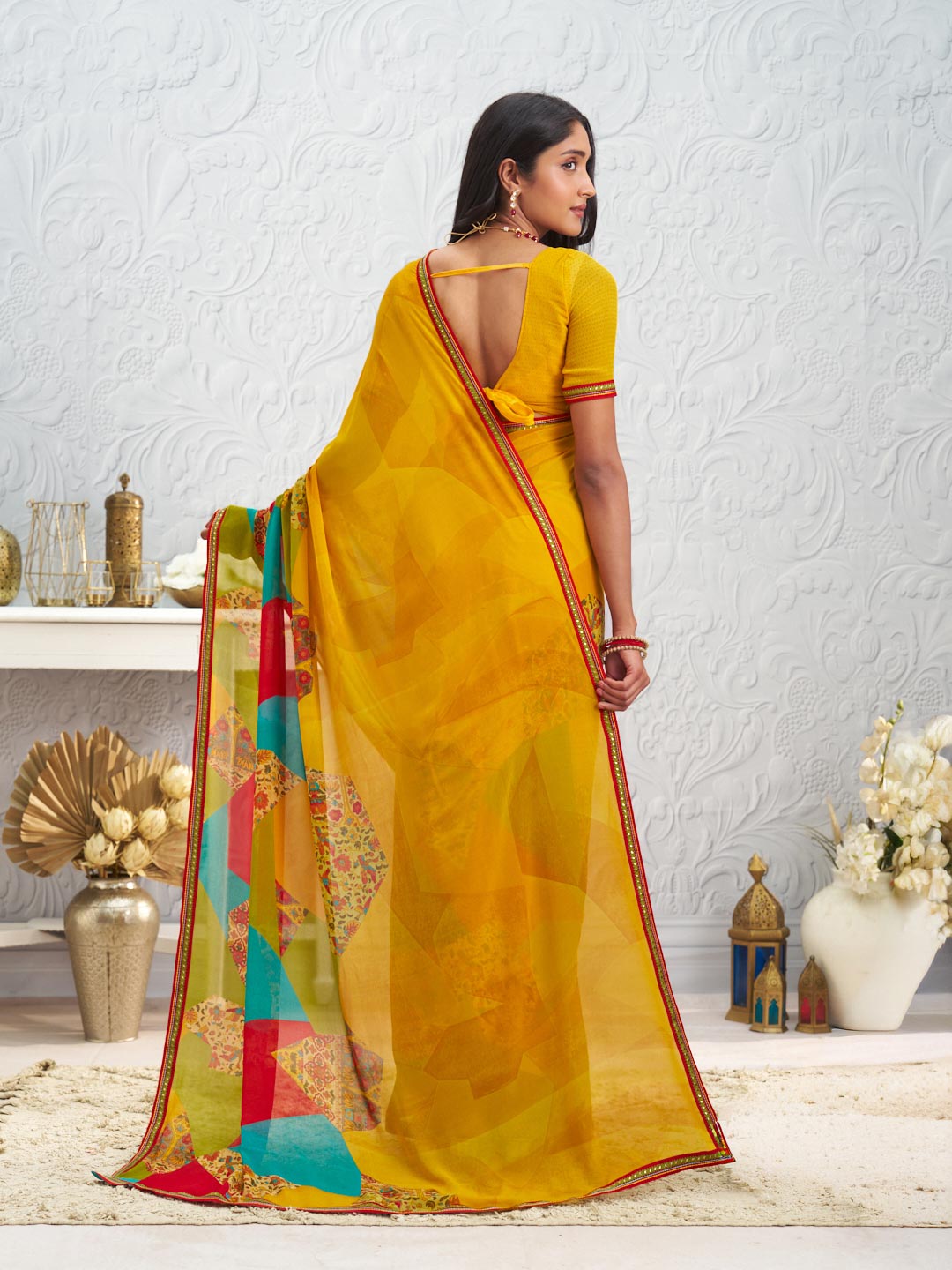 Yellow floral printed georgette saree party wear