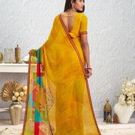 Yellow floral printed georgette saree party wear