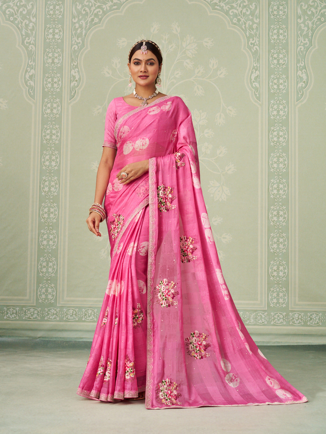 Pink floral embroidered chiffon saree party wear