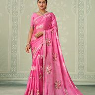 Pink floral embroidered chiffon saree party wear