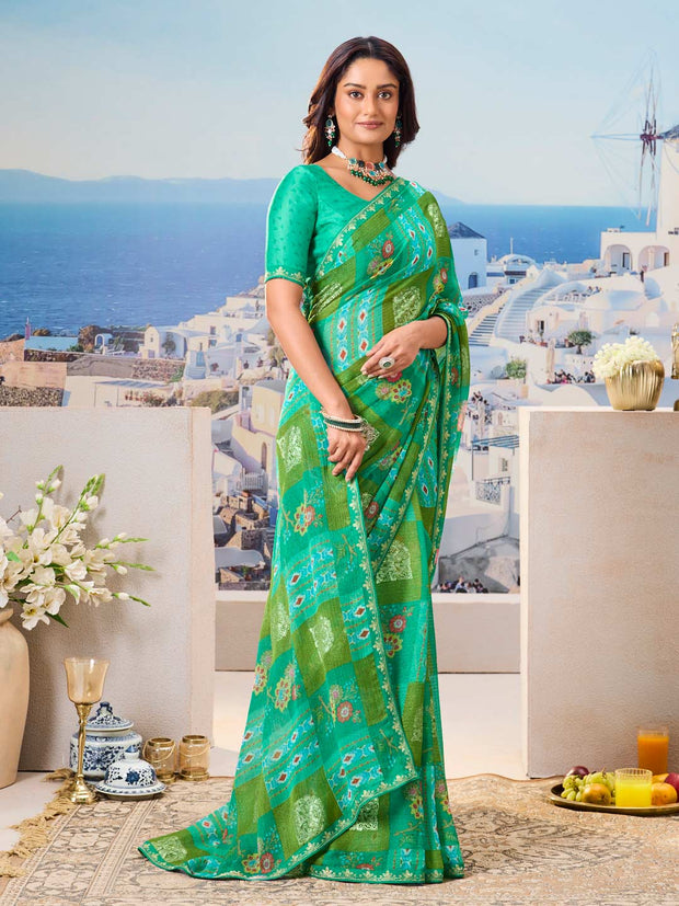Elegant green printed saree