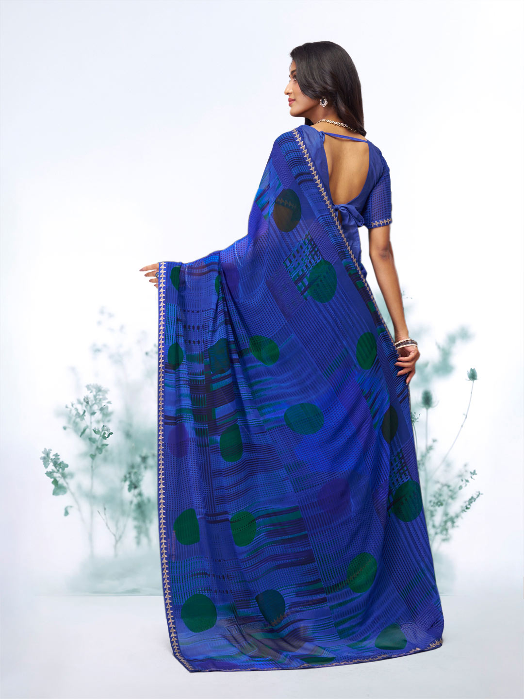Blue geometric printed georgette saree festive wear