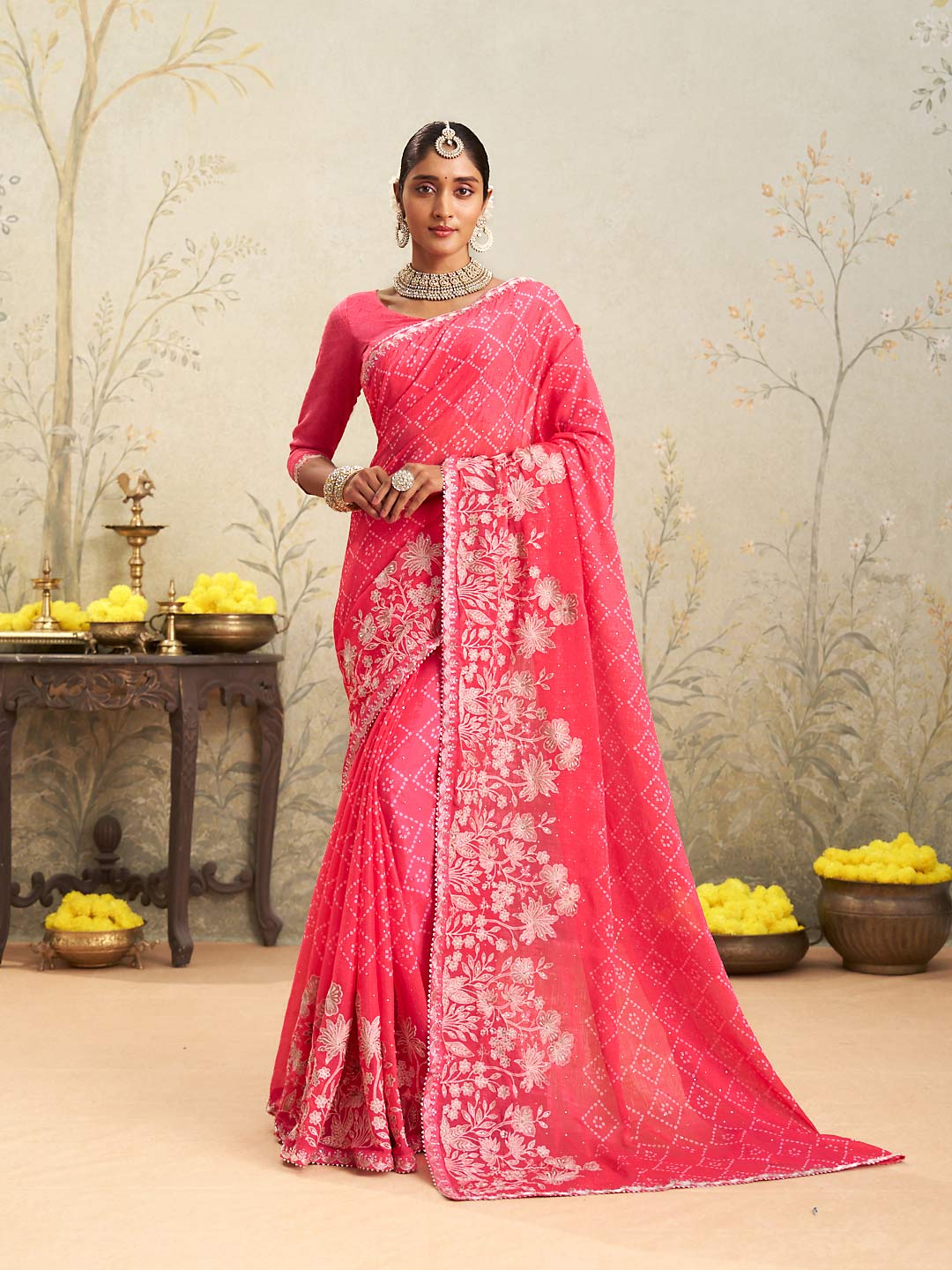 Pink floral embroidered chiffon saree festive wear
