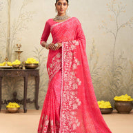 Pink floral embroidered chiffon saree festive wear