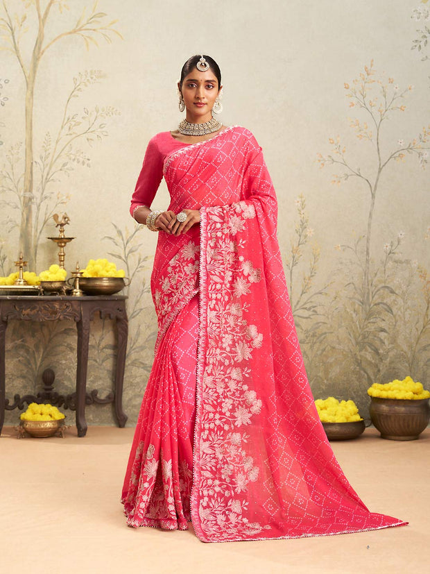 Pink floral embroidered chiffon saree festive wear