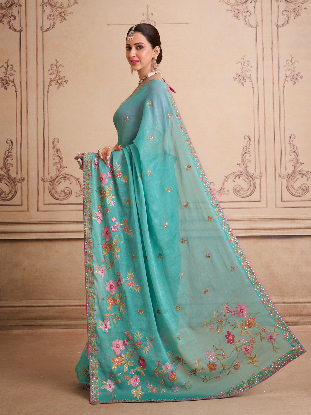 Green floral embroidered chiffon saree daily wear