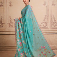 Green floral embroidered chiffon saree daily wear