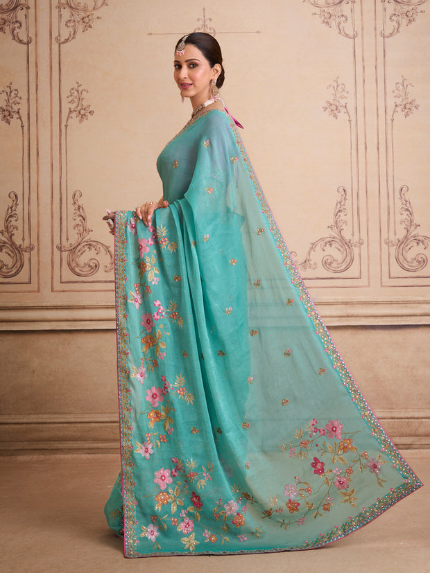 Green floral embroidered chiffon saree daily wear