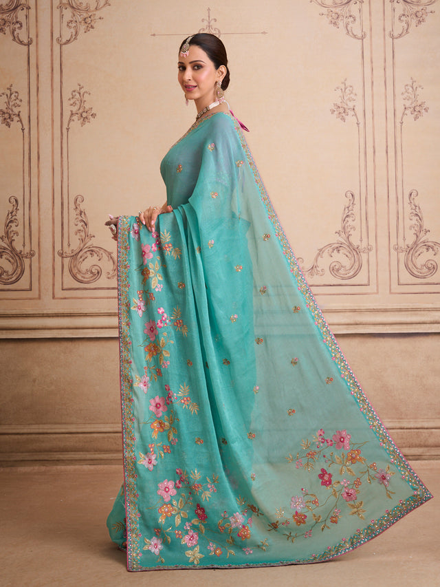 Green floral embroidered chiffon saree daily wear