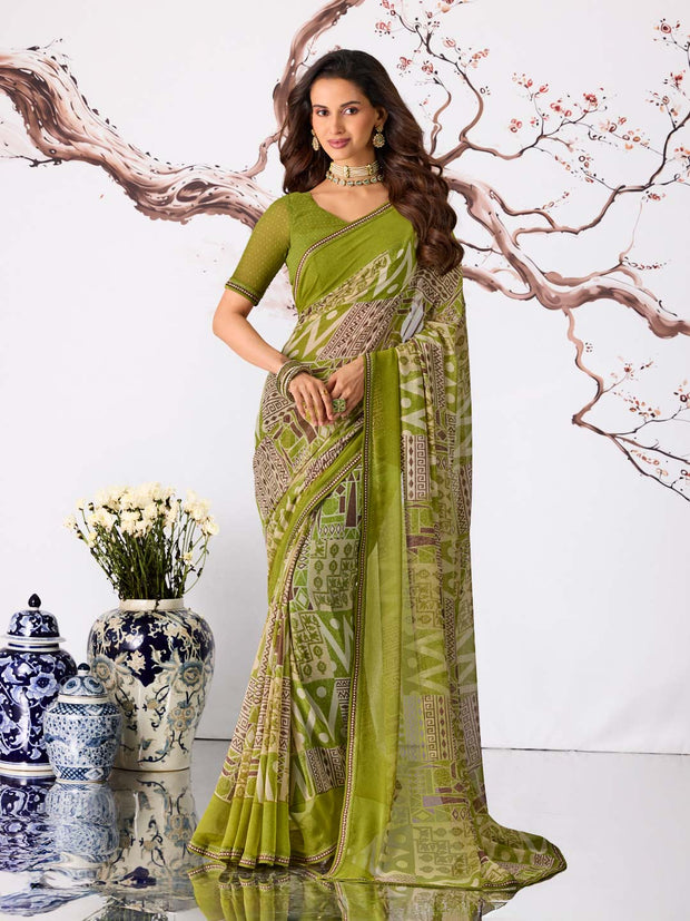 Green embellished georgette saree party wear