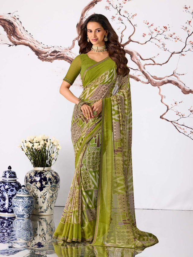 Green embellished georgette saree party wear