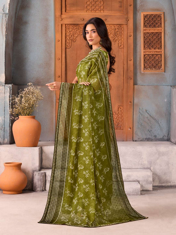 Green floral printed chiffon saree party wear