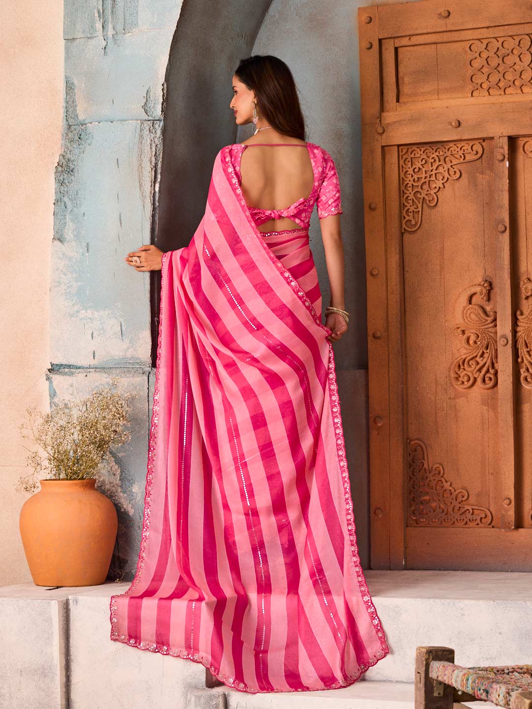 Pink striped sequin silk blend saree festive wear