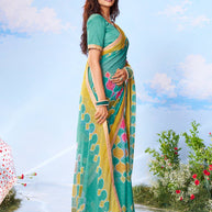 Green geometric printed chiffon saree wedding wear