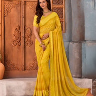 Yellow floral printed georgette saree party wear