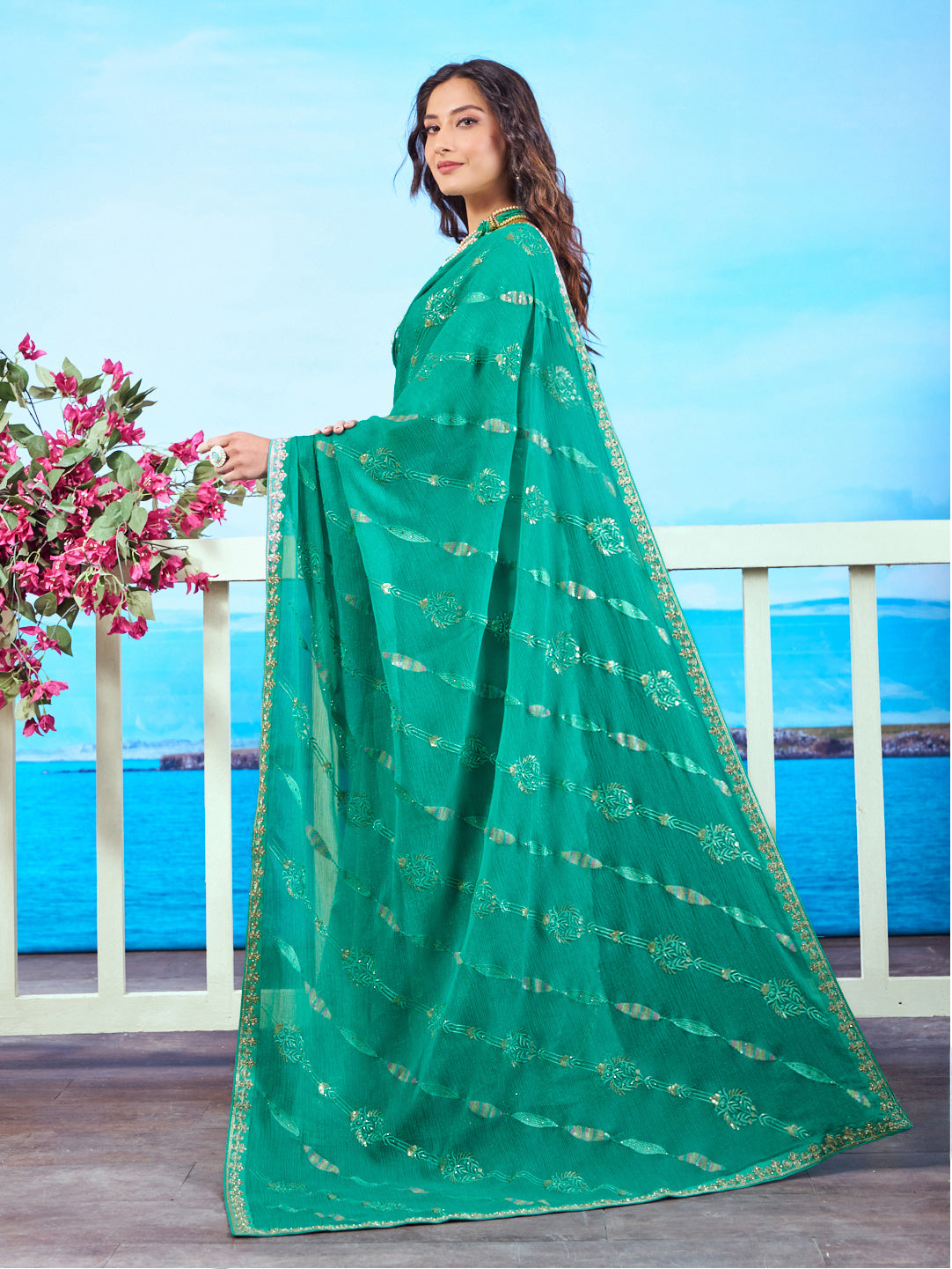 Green sequin embroidered chiffon saree party wear 