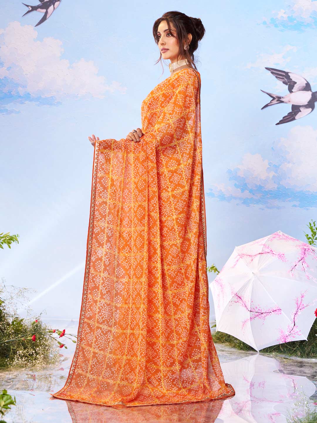 Orange embroidered silk saree wedding wear