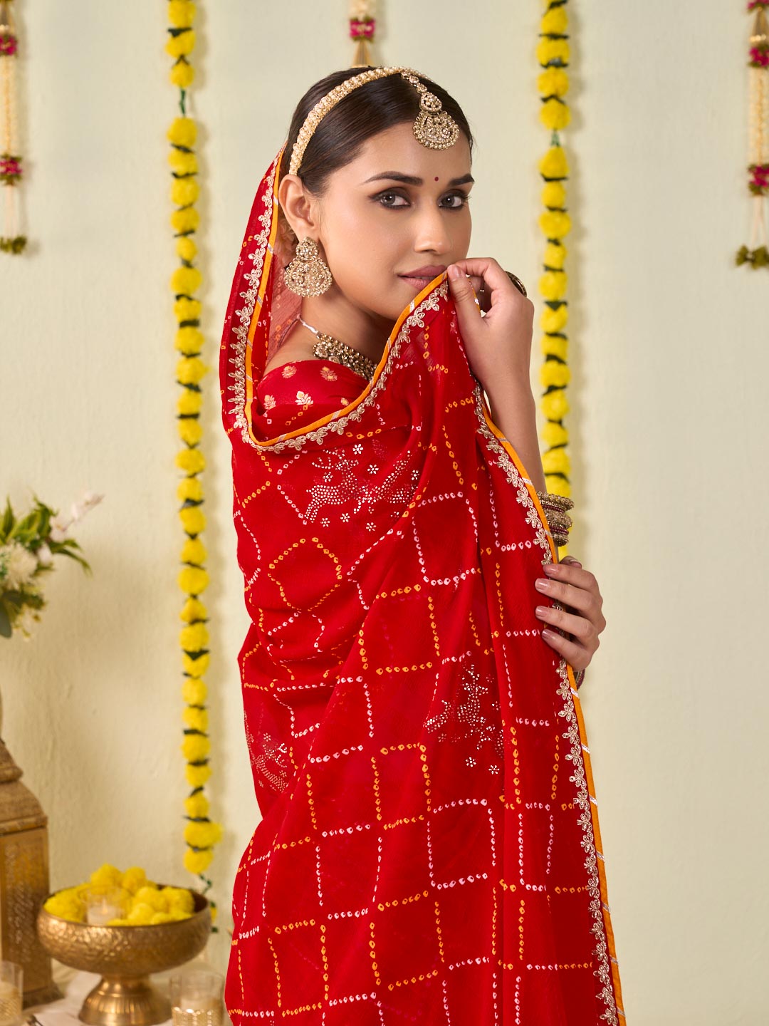 Red bandhani printed georgette saree wedding wear