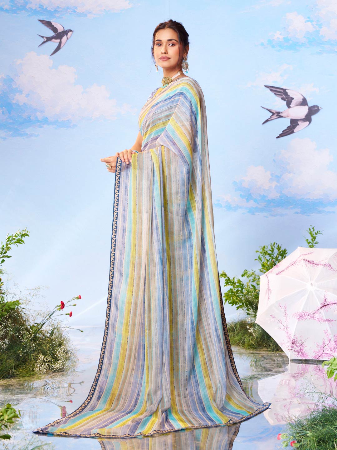Blue printed georgette saree party wear 